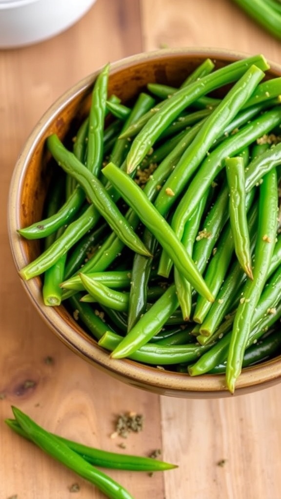 Crispy air fryer green beans in a bowl, seasoned and ready to serve.